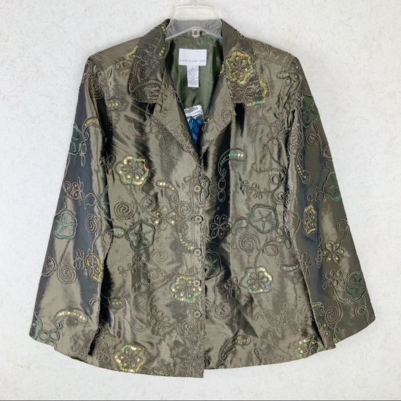 Susan Graver Sequin Taffeta Jacket Sage Green Floral Embroidery Holiday - Picture 2 of 11